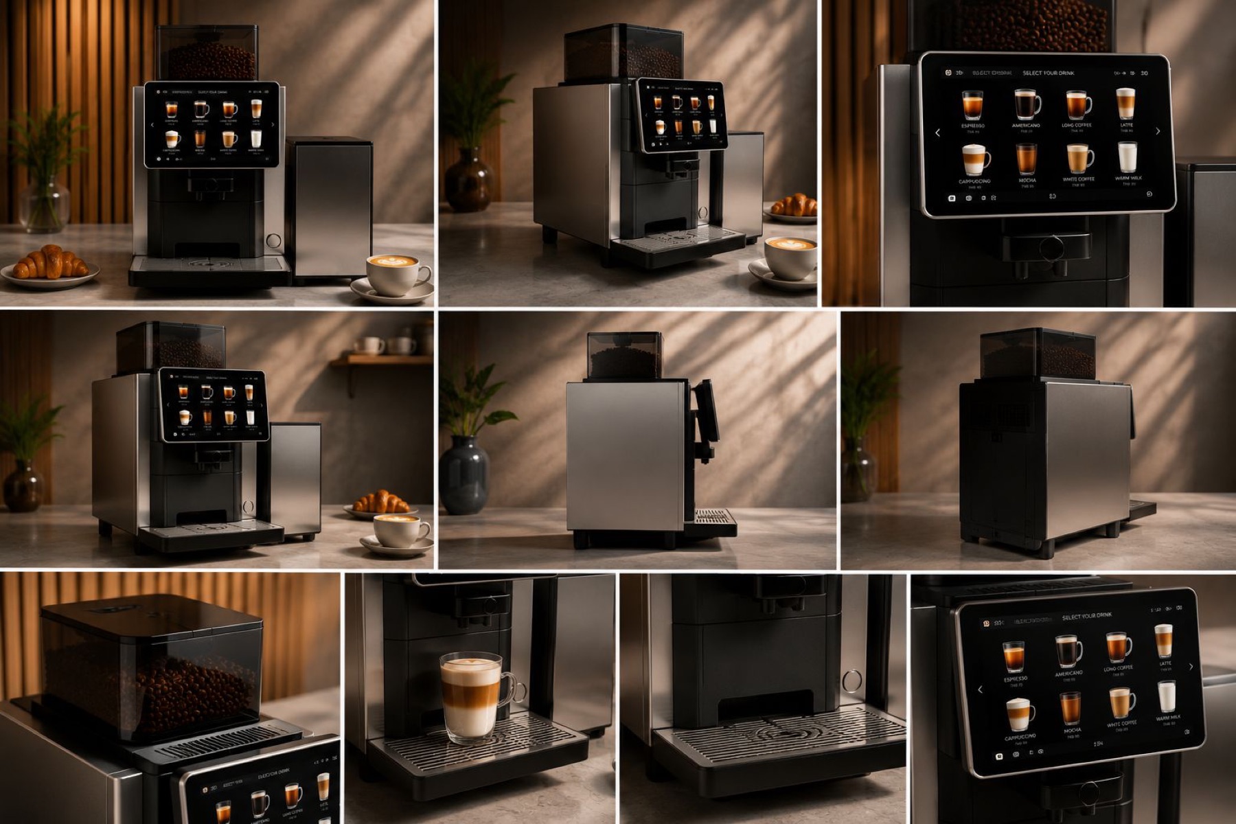 Detail views of the automatic coffee machine: bean hopper, touchscreen drink menu, milk module and drip tray