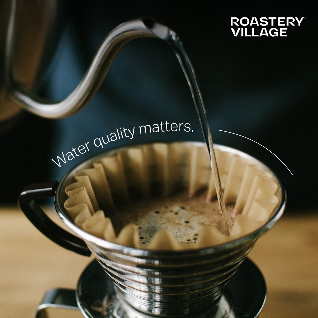 Pour-over brewing at Roastery Village — water quality matters